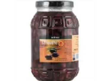Jar of black olives with a metal lid.