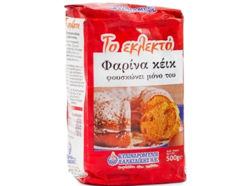 Greek cake flour package in red and white.