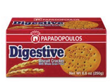 Box of Papadopoulos Digestive biscuit crackers.