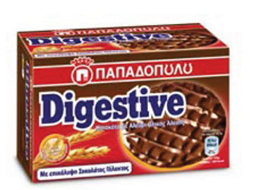 Package of Papadopoulos Digestive chocolate biscuits.