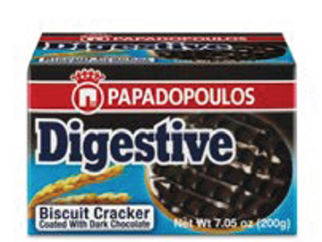 Box of Papadopoulos Digestive biscuit crackers coated with dark chocolate.