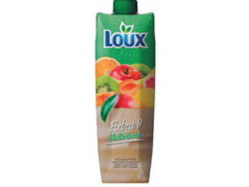 Loux brand fruit juice carton with mixed fruit imagery.