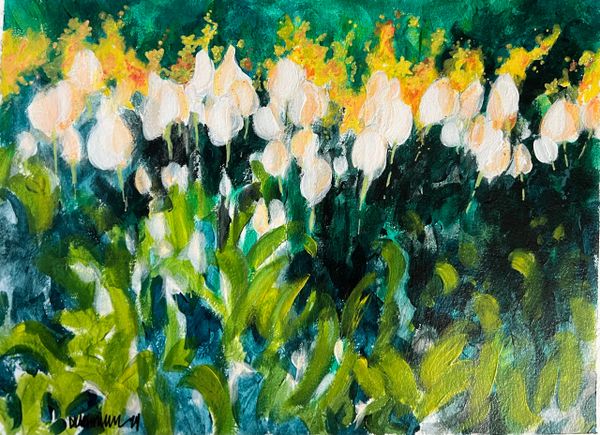 Impressionistic painting of white flowers with green foliage and yellow accents.