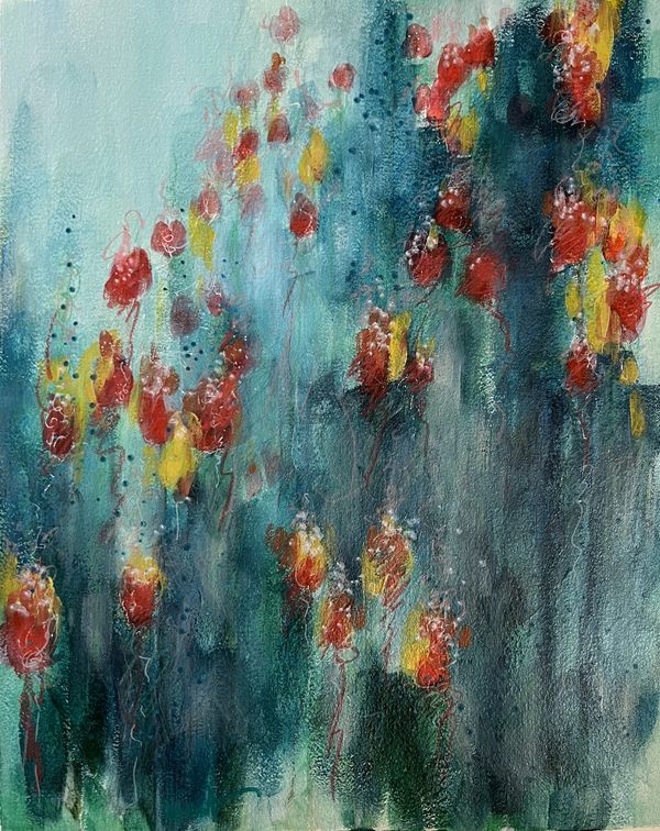 Abstract painting with red and yellow flowers on a blue-green background.