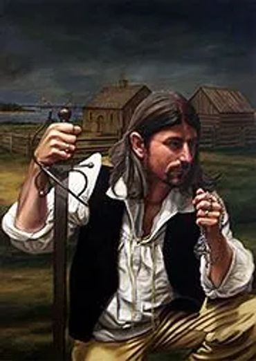 A man with long hair holding a sword in a rustic village setting.