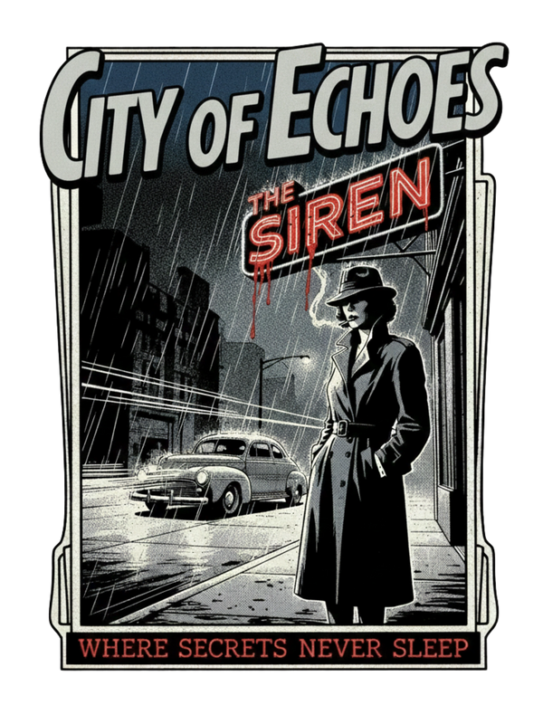 Step into the rain-slicked streets of mystery. This vintage-style graphic features a sleek dame and 