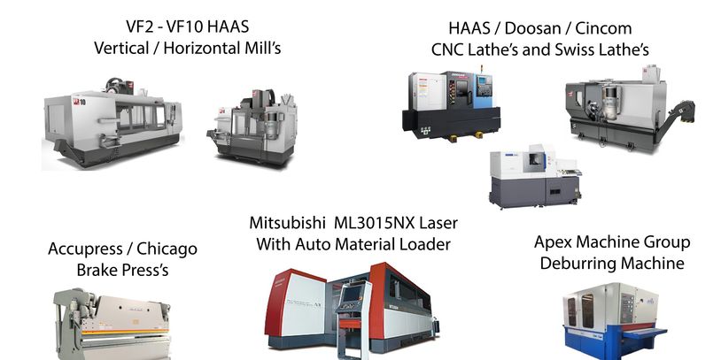 Various industrial machines including mills, lathes, brake press, laser cutter, and deburring machine.