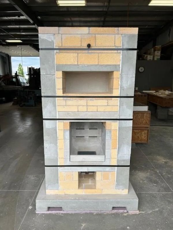 Masonry heater core, before brick facing