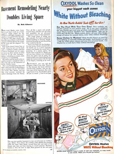 Vintage article about basement remodeling and OXYDOL laundry detergent ad.