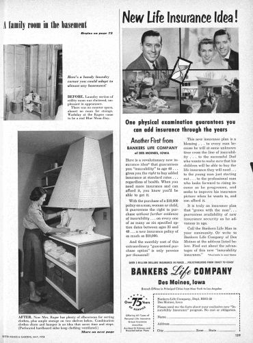 Vintage magazine page with basement family room and life insurance ad.