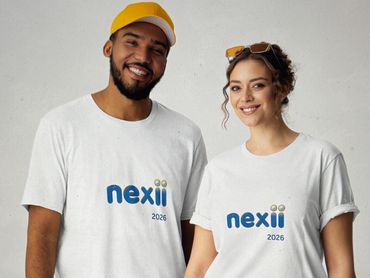 Two smiling people wearing white nexii 2026 t-shirts.