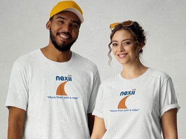 Two smiling people wearing matching Nexii logo t-shirts.