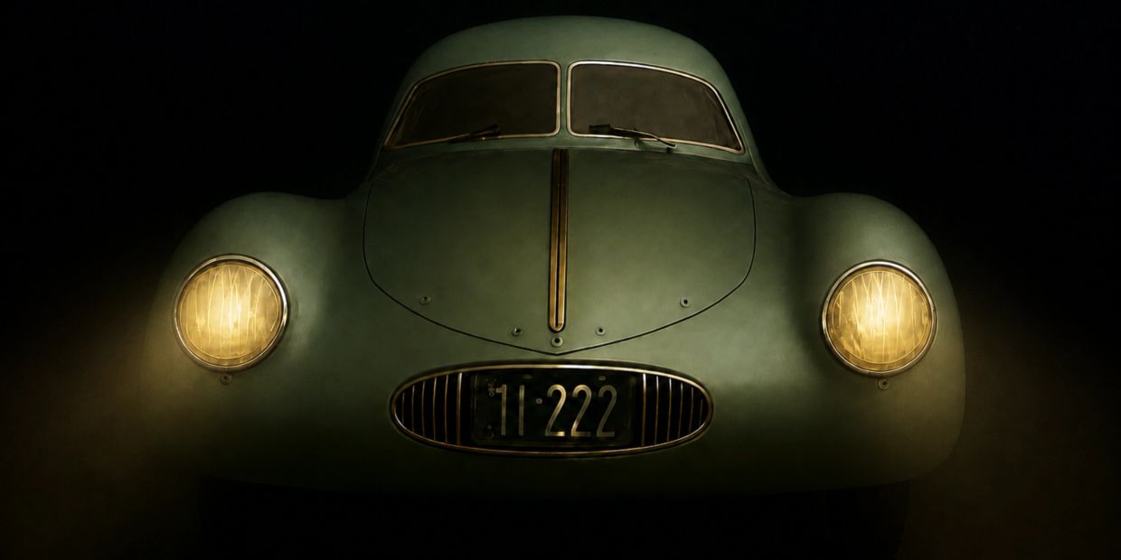 Front view of a vintage green car with headlights on in the dark.