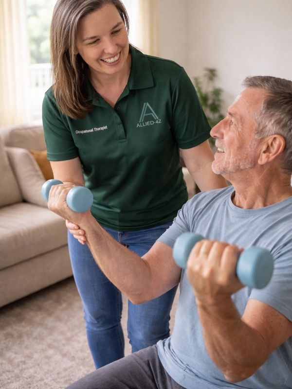 Occupational therapist assisting elderly man with dumbbell exercises.