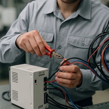 Técnico realizando la reparación de un equipo industrial con herramientas de precisión, representand