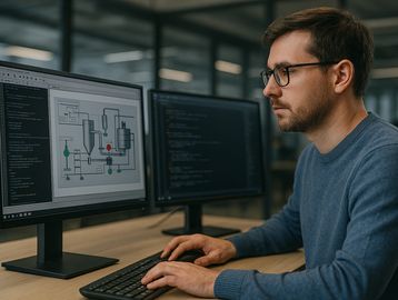 Un ingeniero concentrado en su estación de trabajo, desarrollando software industrial en un entorno 