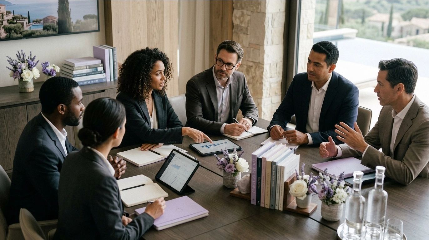 A diverse group of professionals engaged in a business meeting around a conference table.