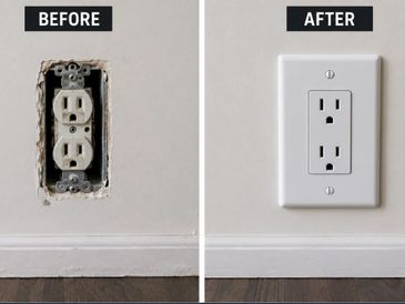 Before and after photos of an electrical outlet installation with a wall plate.