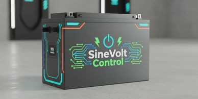 A sleek SineVolt Control battery displaying a 98% charge with futuristic circuit designs.