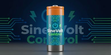 Battery labeled SineVolt Control with circuit design and lightning icons.
