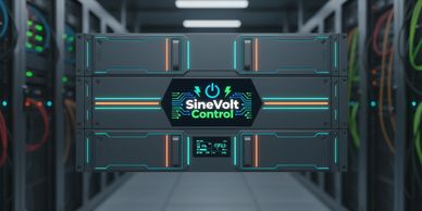 High-tech SineVolt Control server unit with neon lights in a data center.