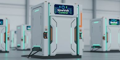 Futuristic energy storage units labeled SineVolt Control with glowing neon lights.