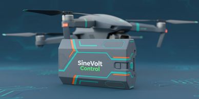 Futuristic SineVolt Control battery in front of a drone on a tech-themed background.