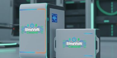 Two modern SineVolt Control devices with glowing edges in a high-tech environment.