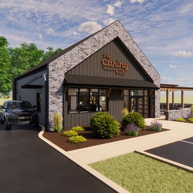 Cozy modern coffee shop with stone and wood exterior, named The Cooling Cup.
