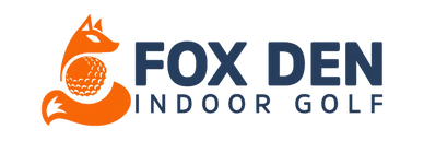 Logo of Fox Den Indoor Golf with a fox and golf ball.