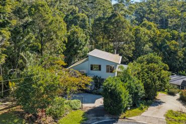 House surrounded by dense greenery and trees.