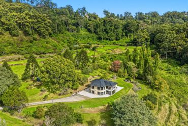 Modern house surrounded by lush greenery on a hillside.