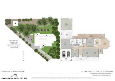 Architectural floor plan with landscape layout and property details.