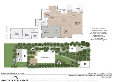 Detailed architectural site plan for a residence with labeled rooms and outdoor areas.
