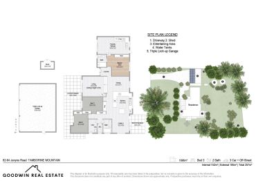 Floor plan and site layout of a house with a garage and garden.