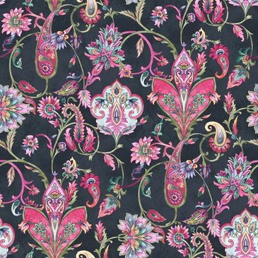 Intricate floral pattern with pink and green hues on a dark background.