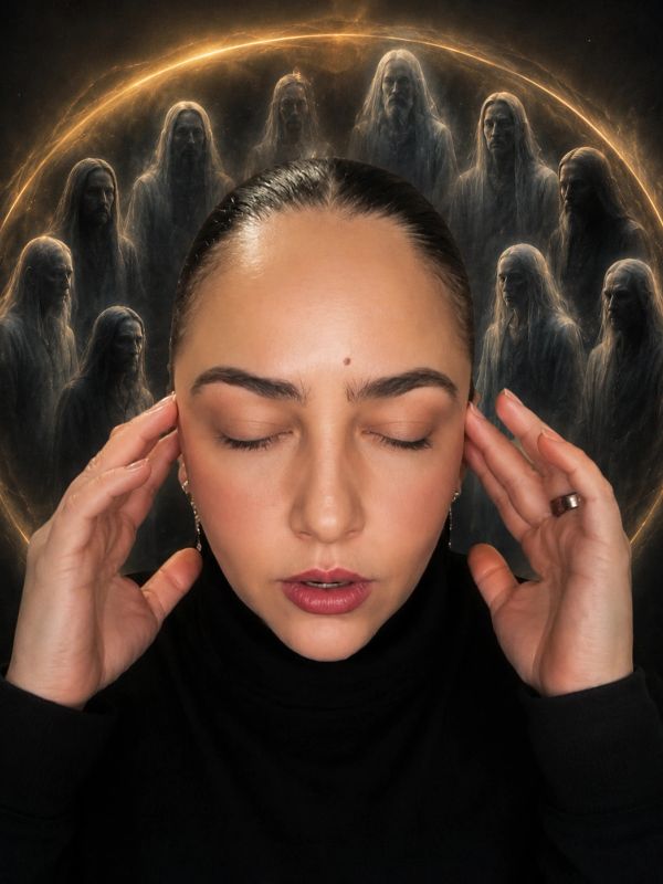 A woman with eyes closed, hands near her head, surrounded by ghostly figures in a circular pattern.