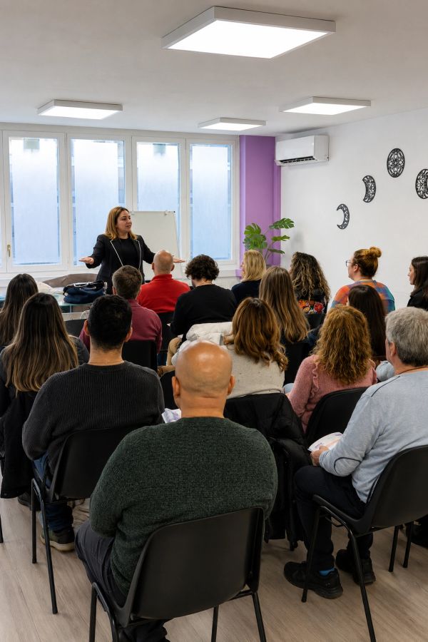A woman giving a presentation to an attentive audience in a bright room.