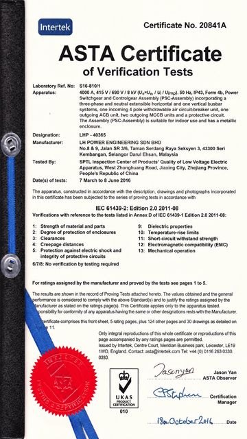 ASTA Certificate of Verification Tests issued to LH Power Engineering Sdn Bhd.