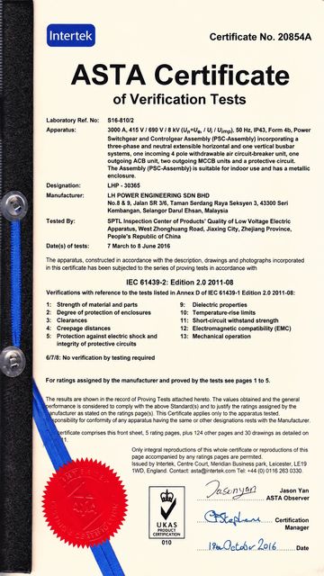 ASTA Certificate of Verification Tests issued by Intertek in 2016.