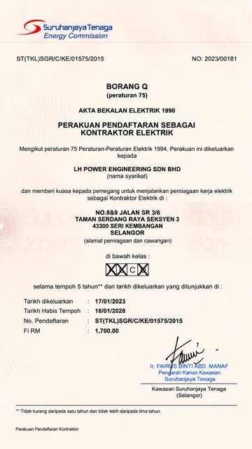 Certificate of electrical contractor registration issued to LH Power Engineering.