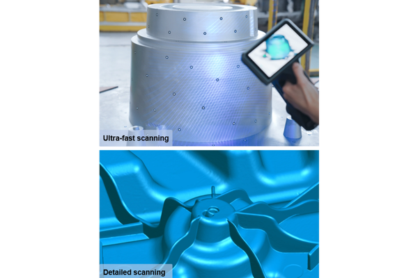 Handheld 3D scanner scanning a black cat statue.