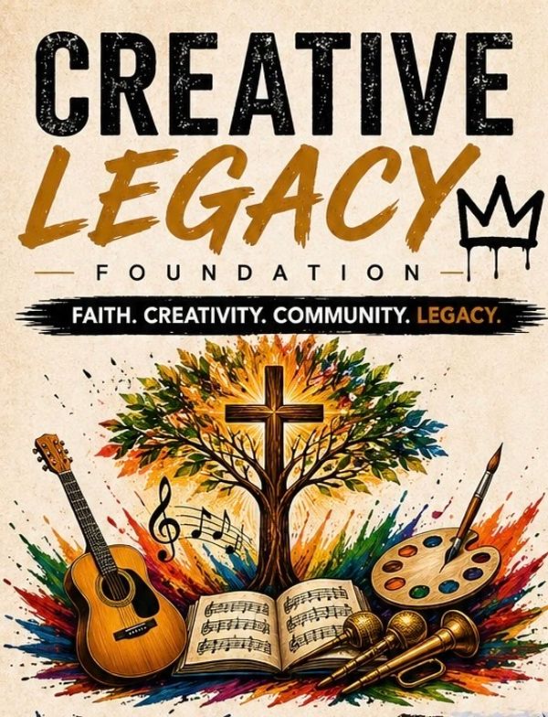 Creative Legacy Foundation logo with musical and artistic elements surrounding a cross-shaped tree.