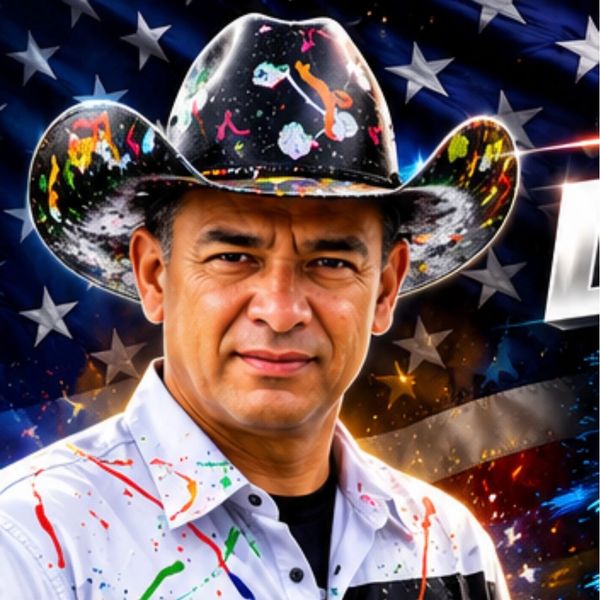 Man wearing a paint-splattered cowboy hat and shirt with an American flag backdrop.