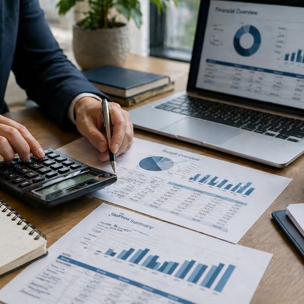 Person using calculator and analyzing financial charts on paper and laptop.