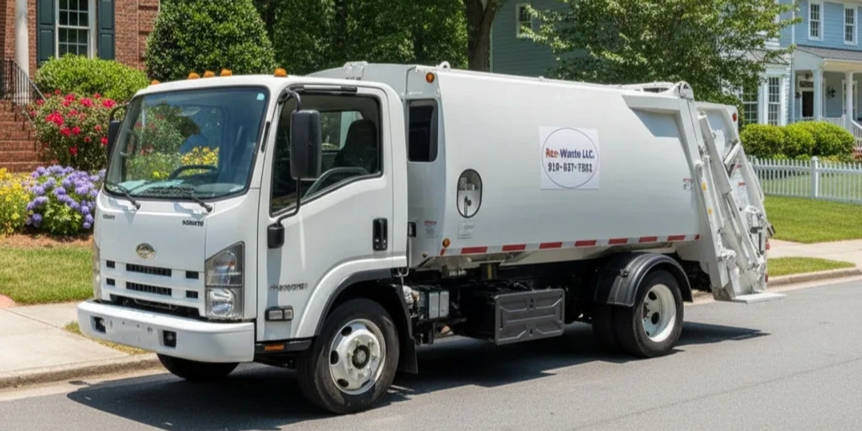 White garbage truck parked on a suburban street with houses and greenery.