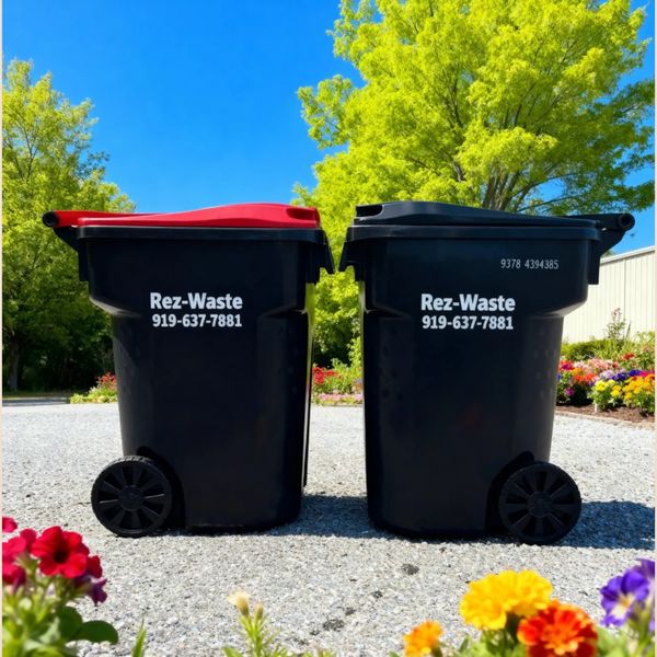 Two black Rez-Waste bins with red and black lids on a sunny day.