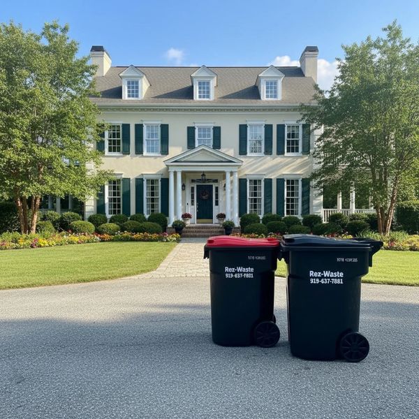 Elegant colonial-style house with two large waste bins in front on a sunny day.