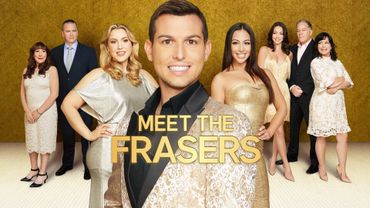 Cast of the TV show "Meet the Frasers" posing against a golden background.