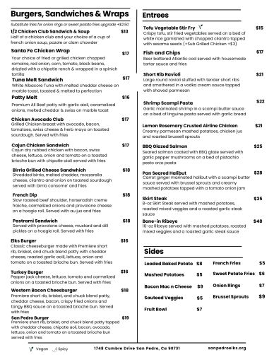 Menu featuring burgers, sandwiches, wraps, entrees, and sides with prices.